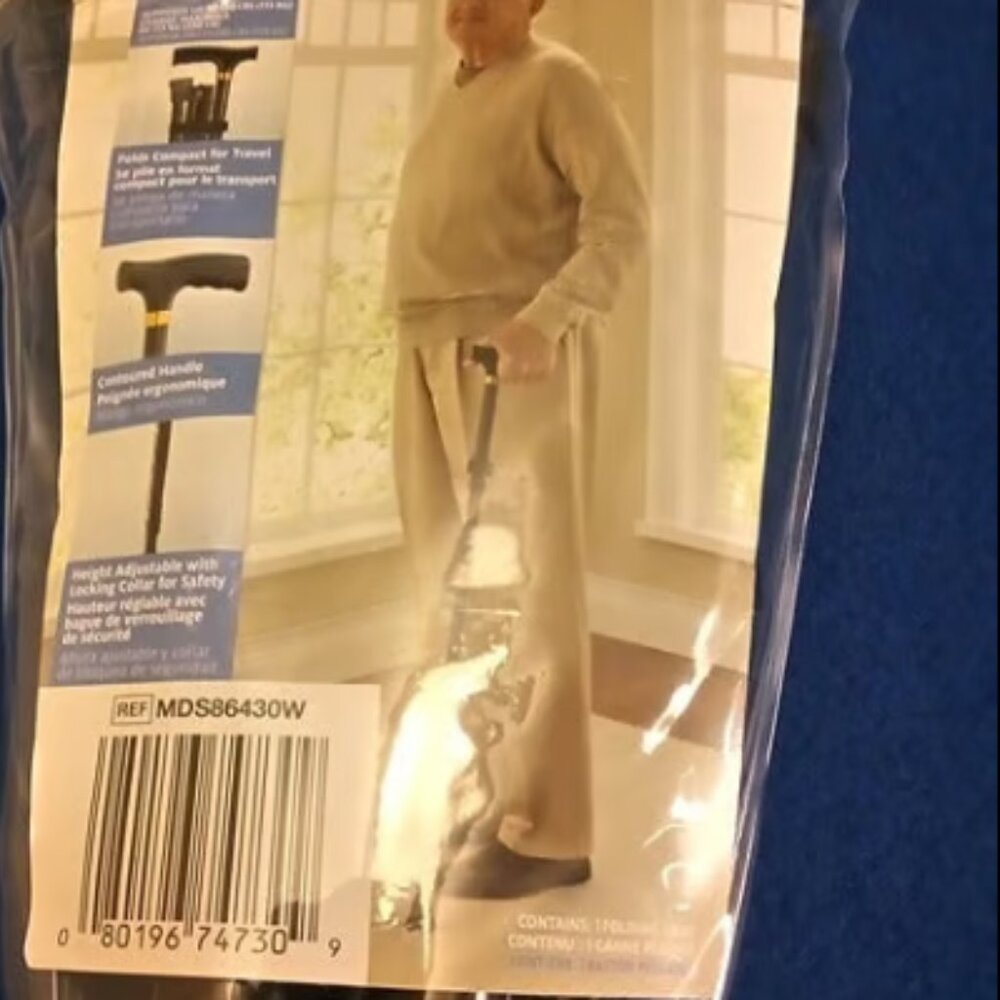 Medline Folding T-Handle Cane - Black - MDS86430W